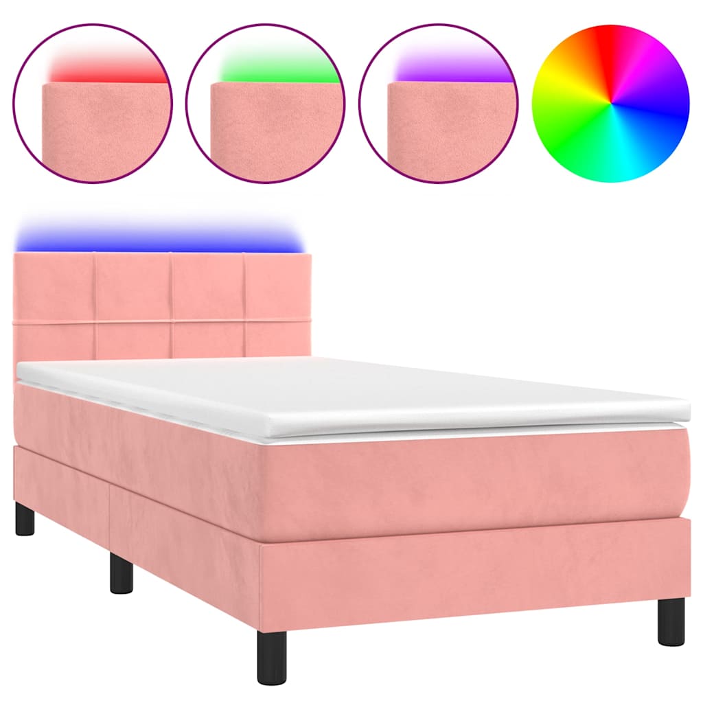 vidaXL Box spring postel s matrací a LED růžová 90x190 cm samet
