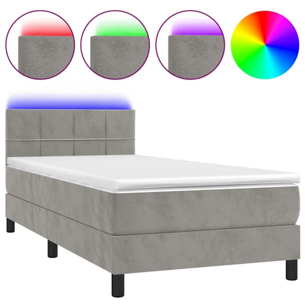 vidaXL kontinentaalvoodi madrats ja LED, helehall, 90x200 cm, samet