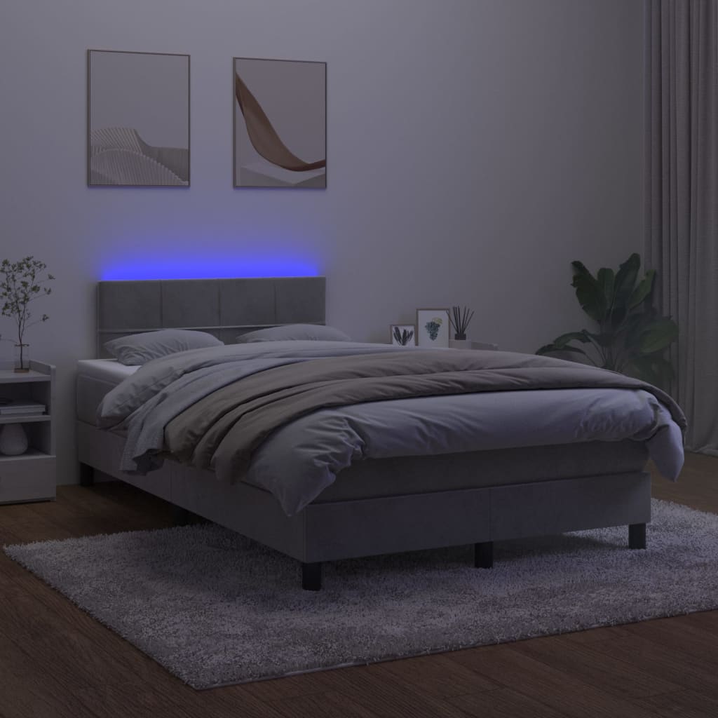 Világosszürke bársony rugós és LED-es ágy matraccal 120x200 cm 