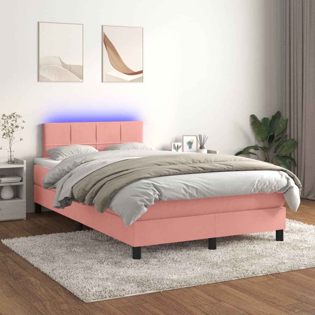 vidaXL Pat continental cu saltea & LED, roz, 120×200 cm, catifea 120x200 imagine noua