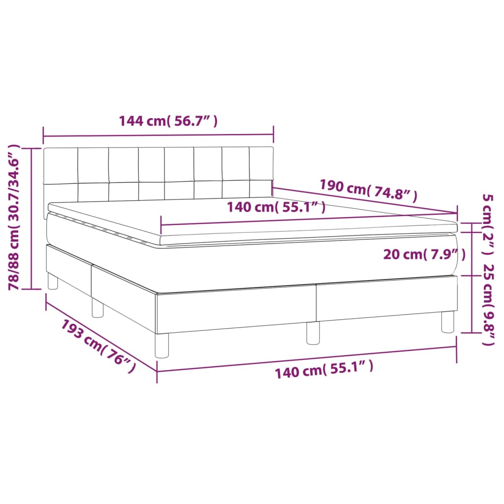 Pat continental cu saltea și LED gri deschis 140x190 cm catifea