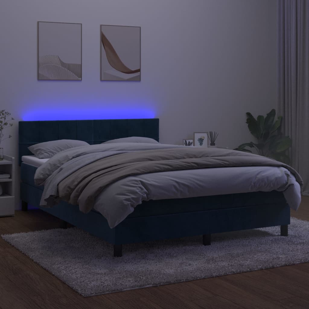 Krevet box spring s madracem LED tamnoplavi 140x190 cm baršun