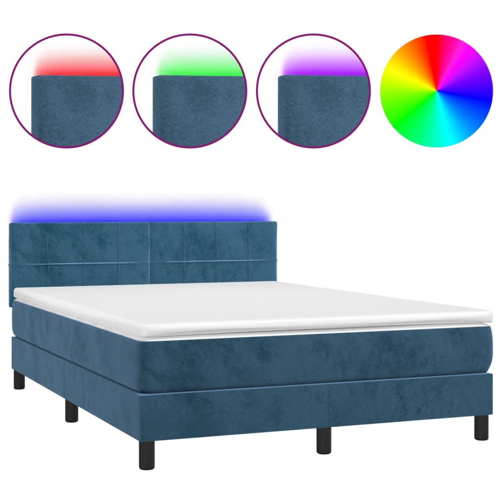 Sötétkék bársony rugós és LED-es ágy matraccal 140x200 cm 