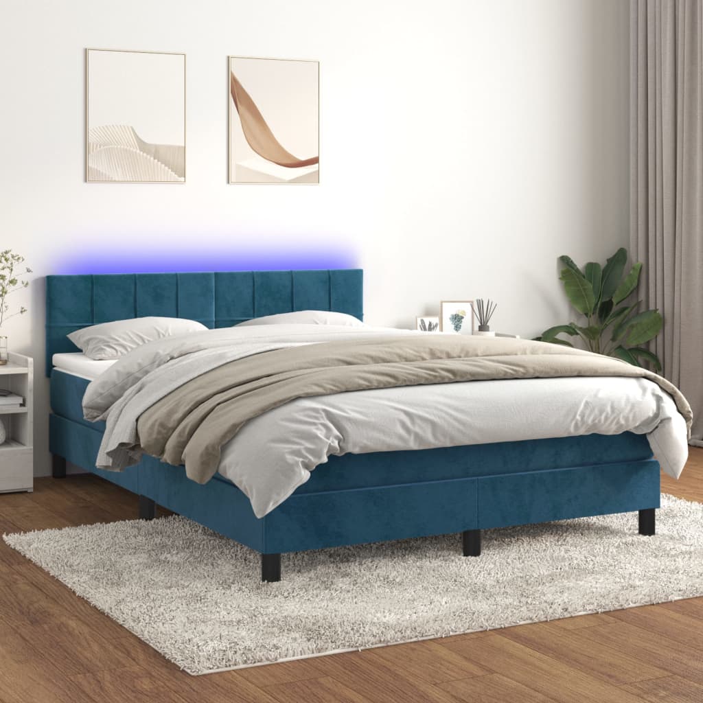 vidaXL Boxspringbett mit Matratze & LED Dunkelblau 140x200 cm Samt