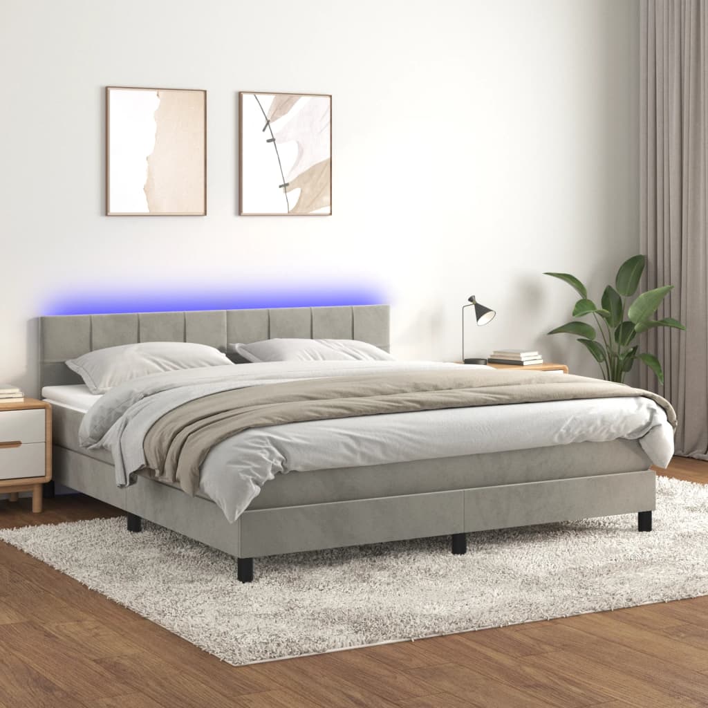 vidaXL Pat cu arcuri, saltea și LED, gri deschis, 160×200 cm, catifea 160x200