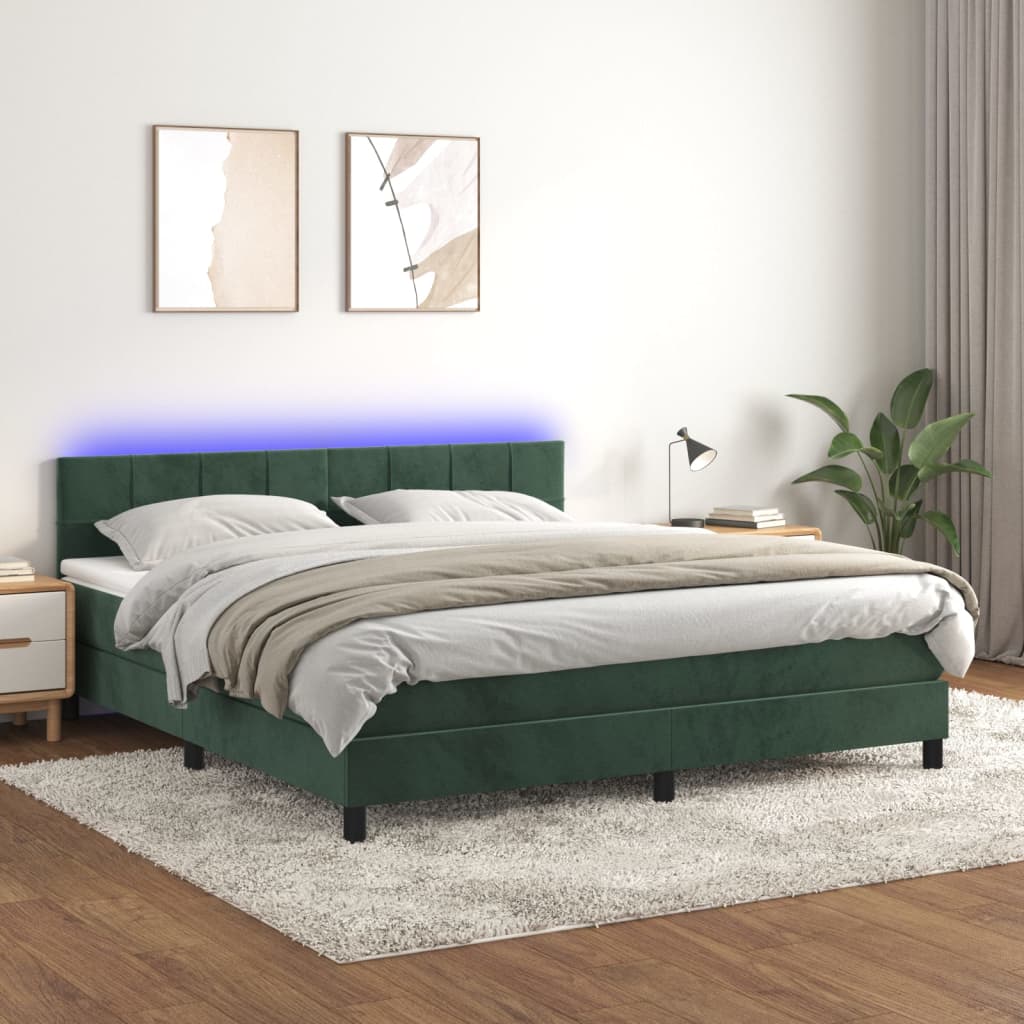 Box spring postel s matrací a LED tmavě zelená 160x200 cm samet