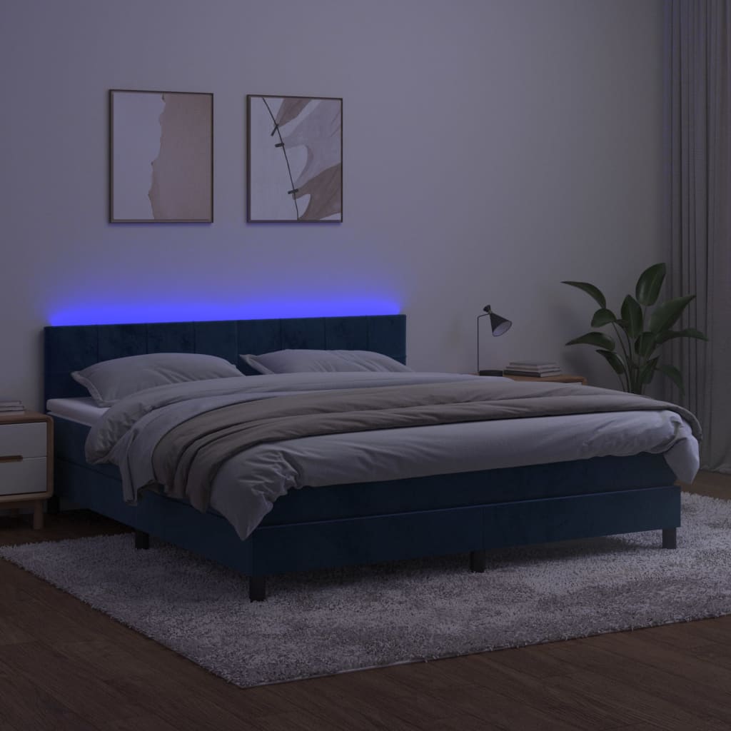 Box spring postel s matrací a LED tmavě modrá 180x200 cm samet