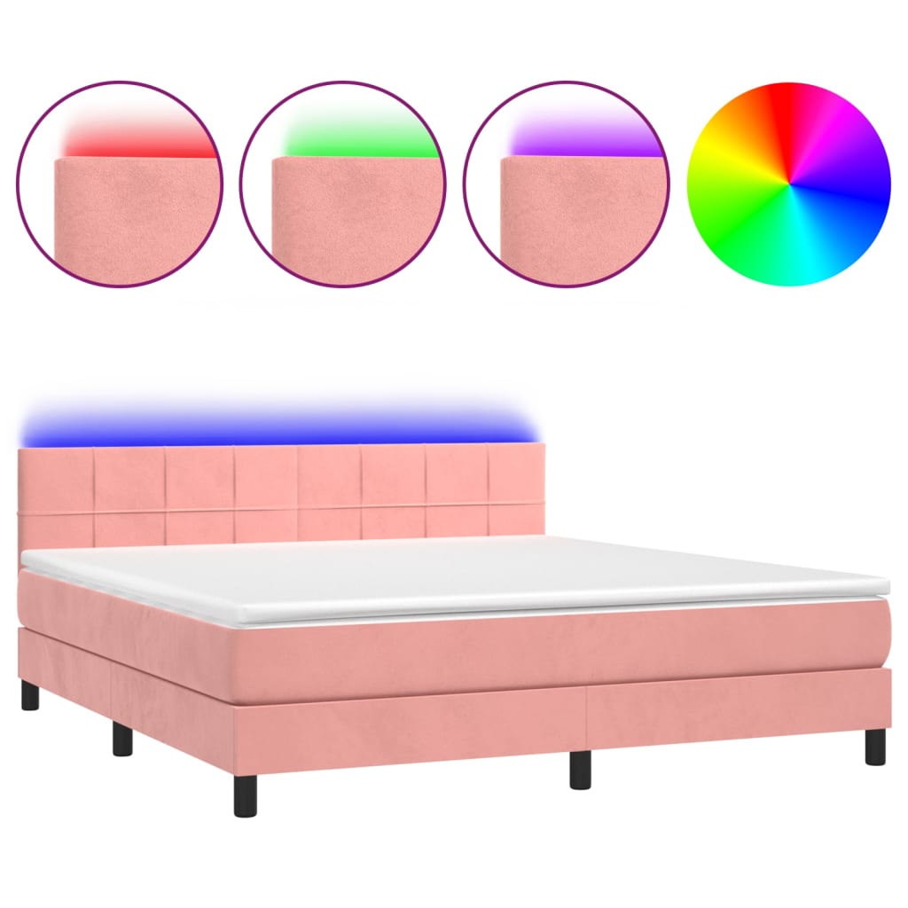 Rózsaszín bársony rugós és LED-es ágy matraccal 180x200 cm 