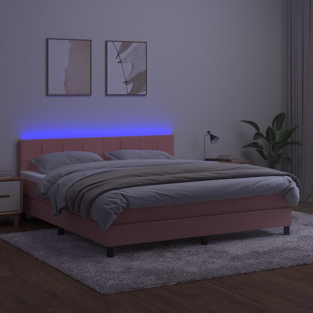 Box spring postel s matrací a LED růžová 180x200 cm samet