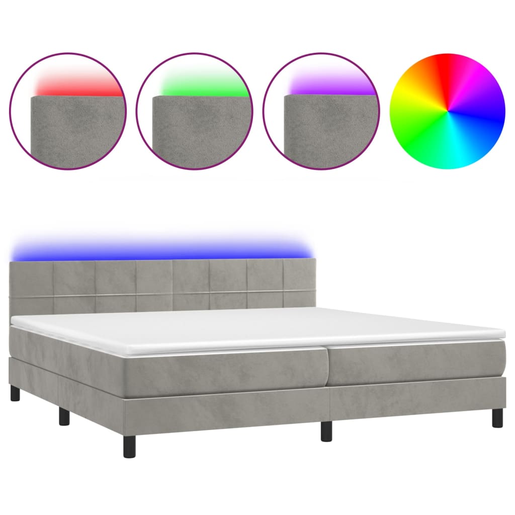 vidaXL Box spring postel s matrací a LED světle šedá 200x200 cm samet