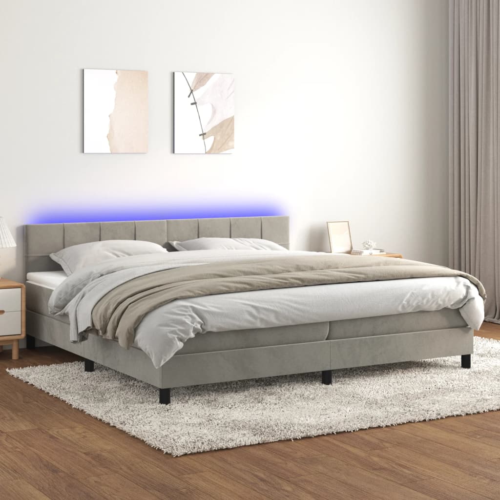 Sommier tapissier matelas et LED Gris clair 200x200 cm Velours
