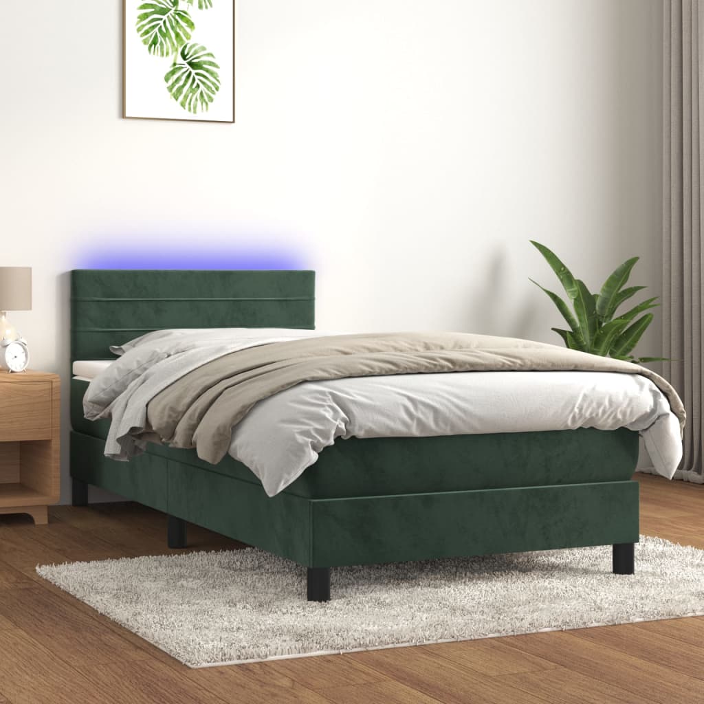 vidaXL Pat continental cu saltea și LED verde închis 80x200 cm catifea