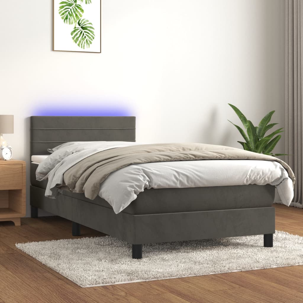 Box spring postel s matrací a LED tmavě šedá 90x190 cm samet