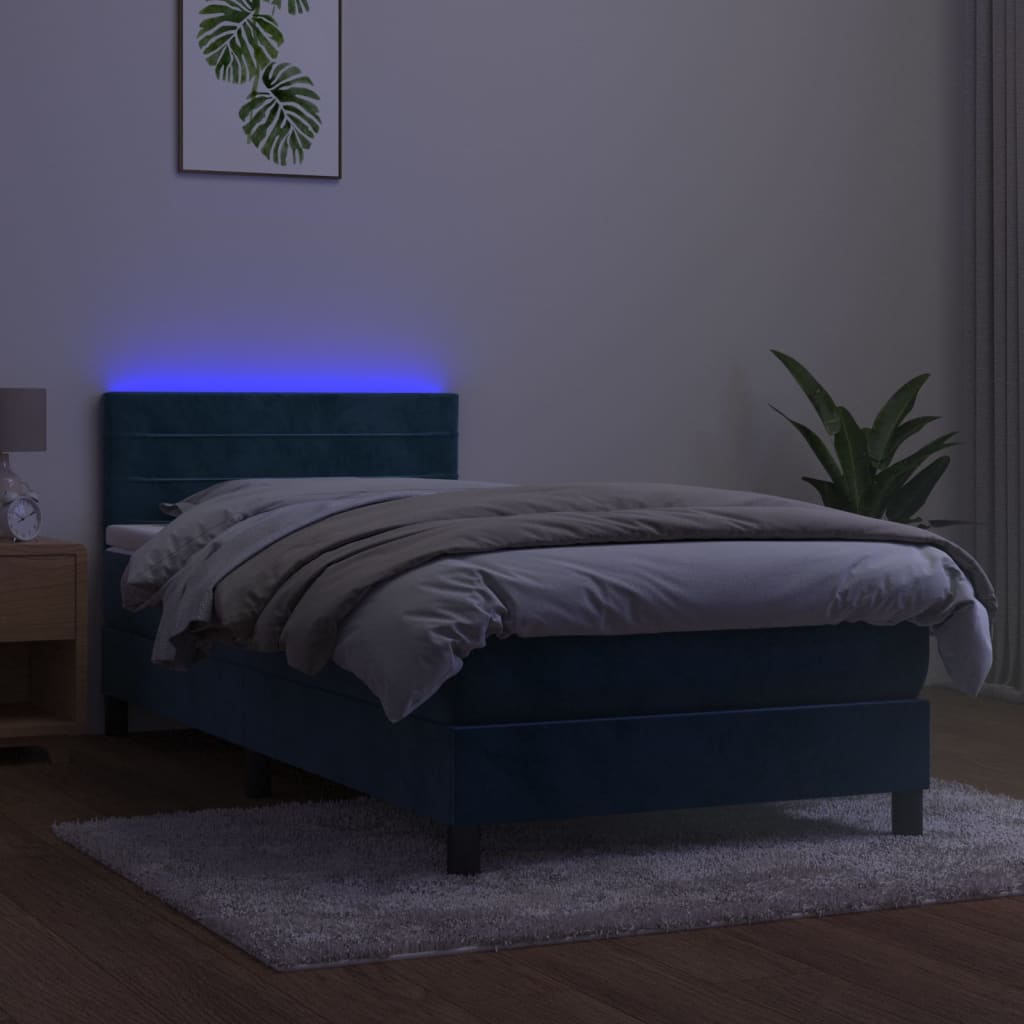 Sötétkék bársony rugós és LED-es ágy matraccal 90x200 cm 
