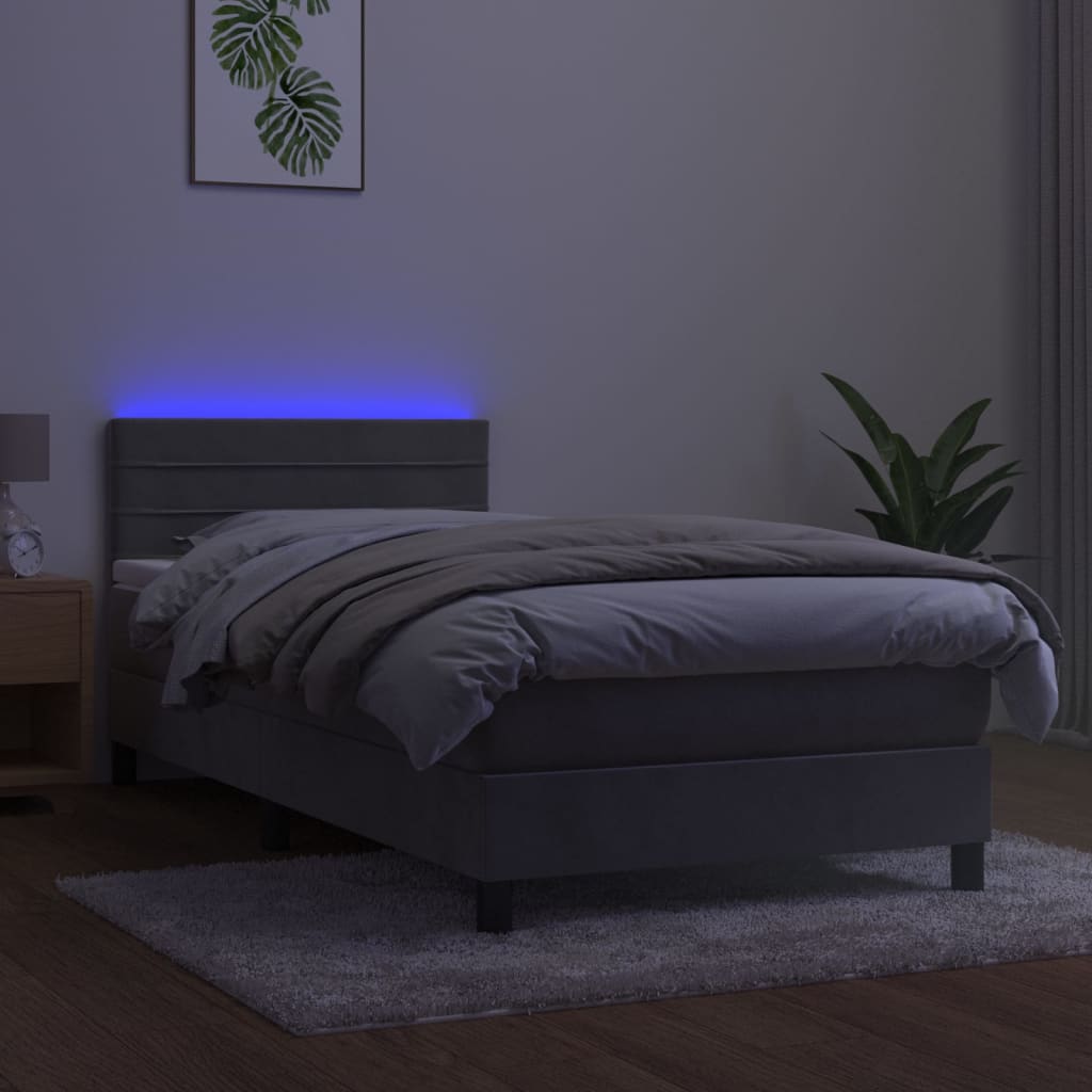 Łóżko kontynentalne z materacem i LED, szare 100x200cm, aksamit