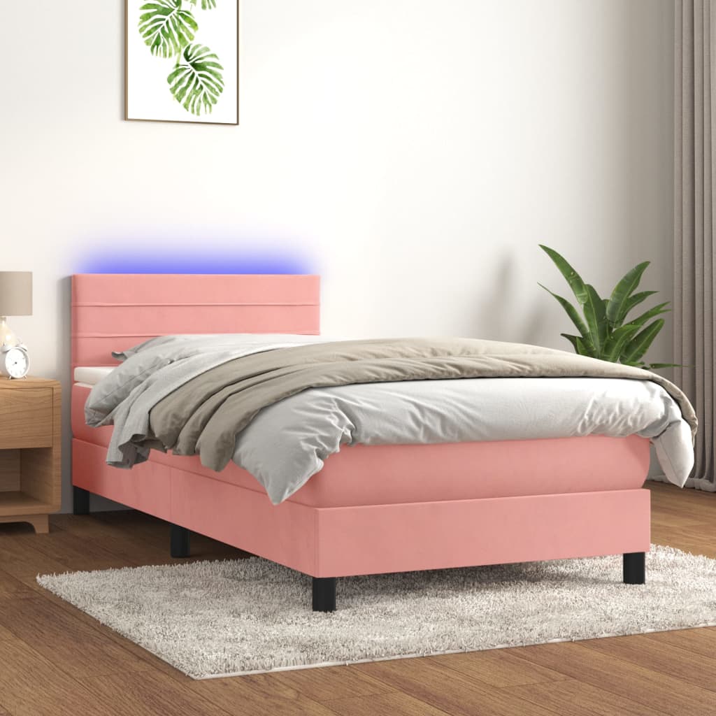 Box spring postel s matrací a LED růžová 100x200 cm samet