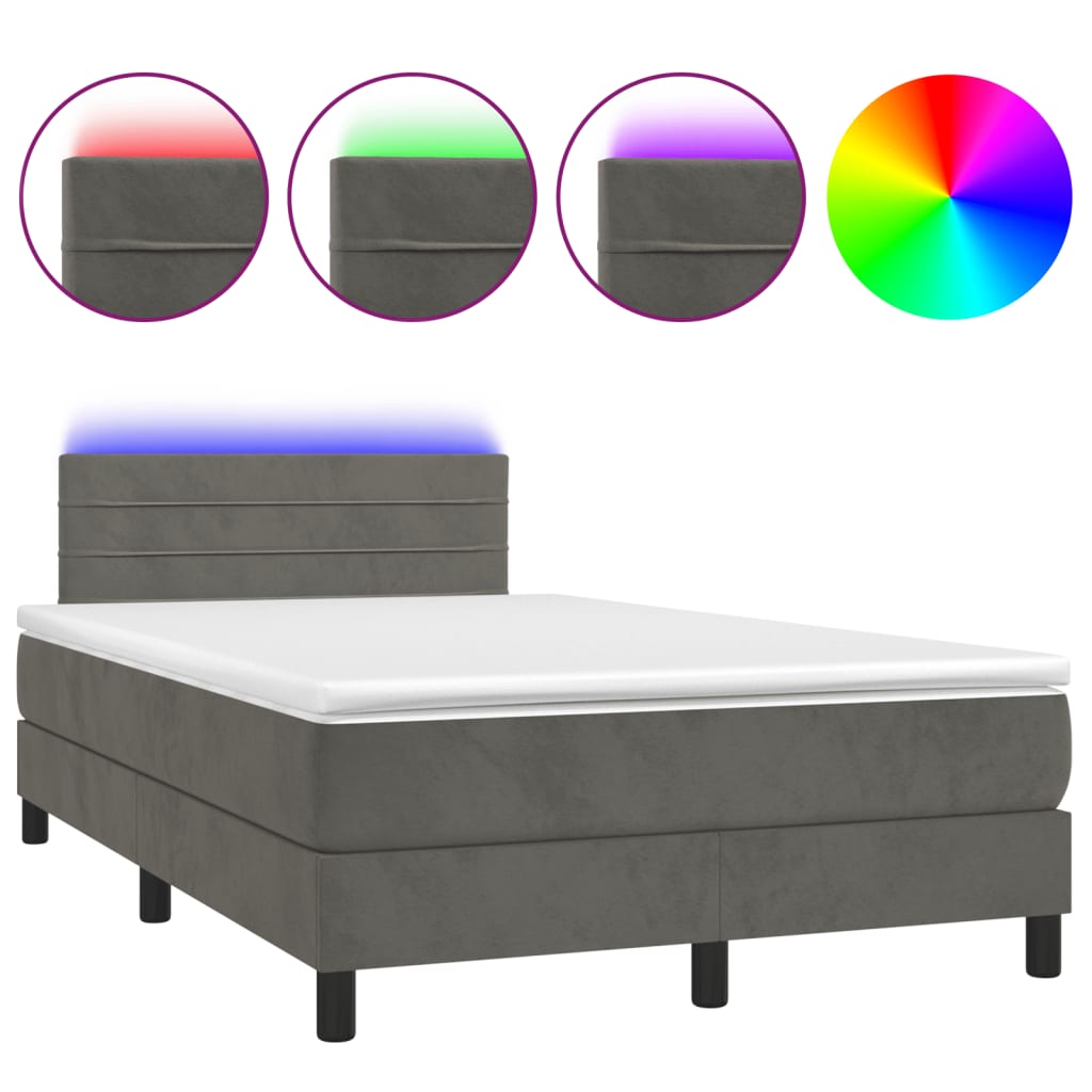 Sötétszürke bársony rugós és LED-es ágy matraccal 120x200 cm 