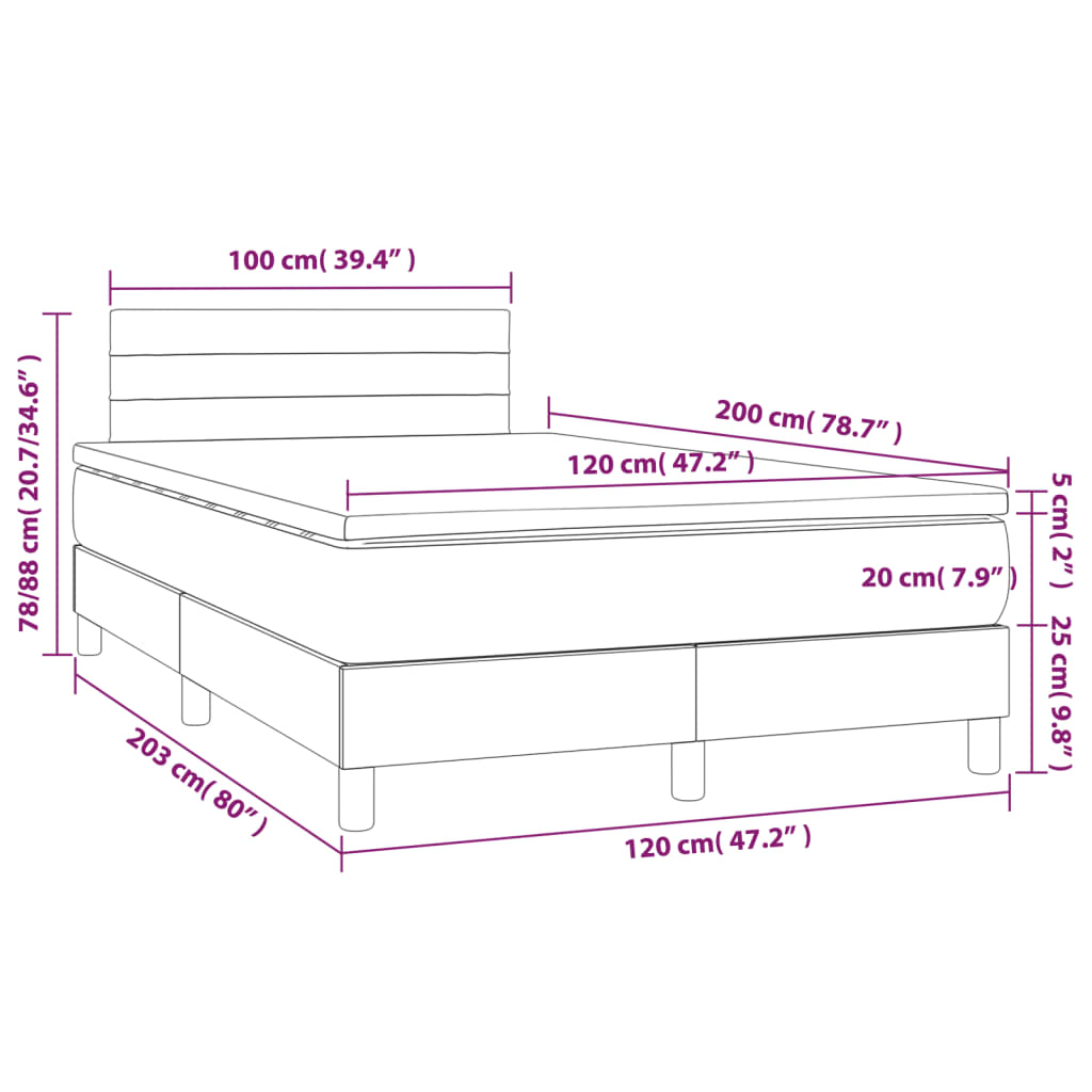 Krevet box spring s madracem LED crni 120 x 200 cm baršun