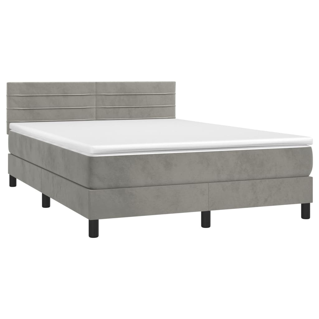 vidaXL Boxspring met matras en LED fluweel lichtgrijs 140x200 cm afbeelding