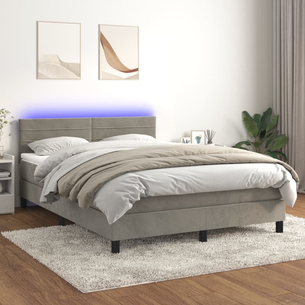 Sommier tapissier matelas et LED Gris clair 140x200 cm Velours