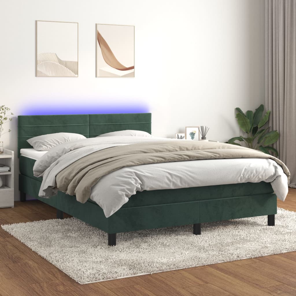 vidaXL Boxspringbett mit Matratze & LED Dunkelgrün 140x200 cm Samt