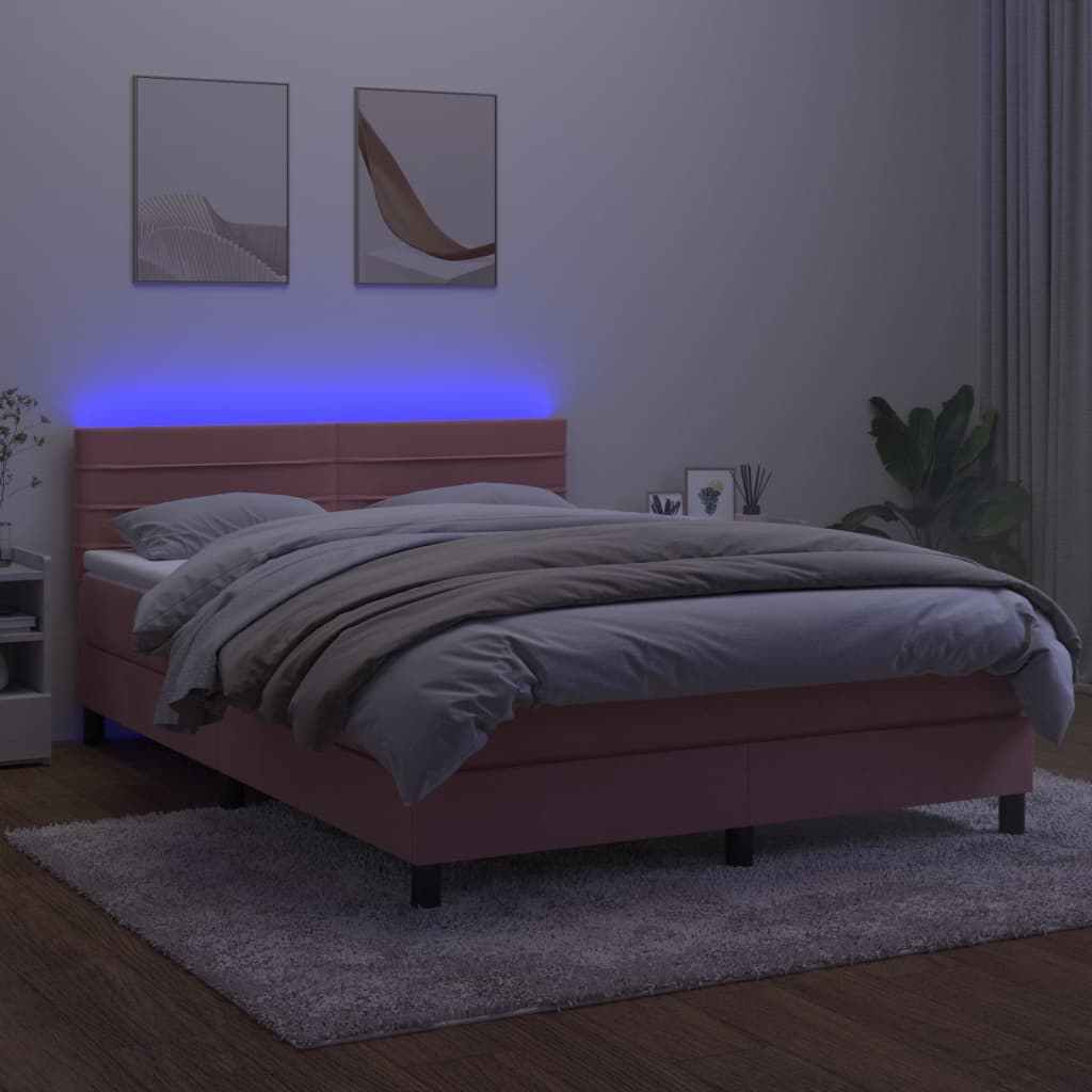 Box spring postel s matrací a LED růžová 140x200 cm samet