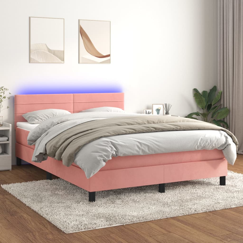 Box spring postel s matrací a LED růžová 140x200 cm samet