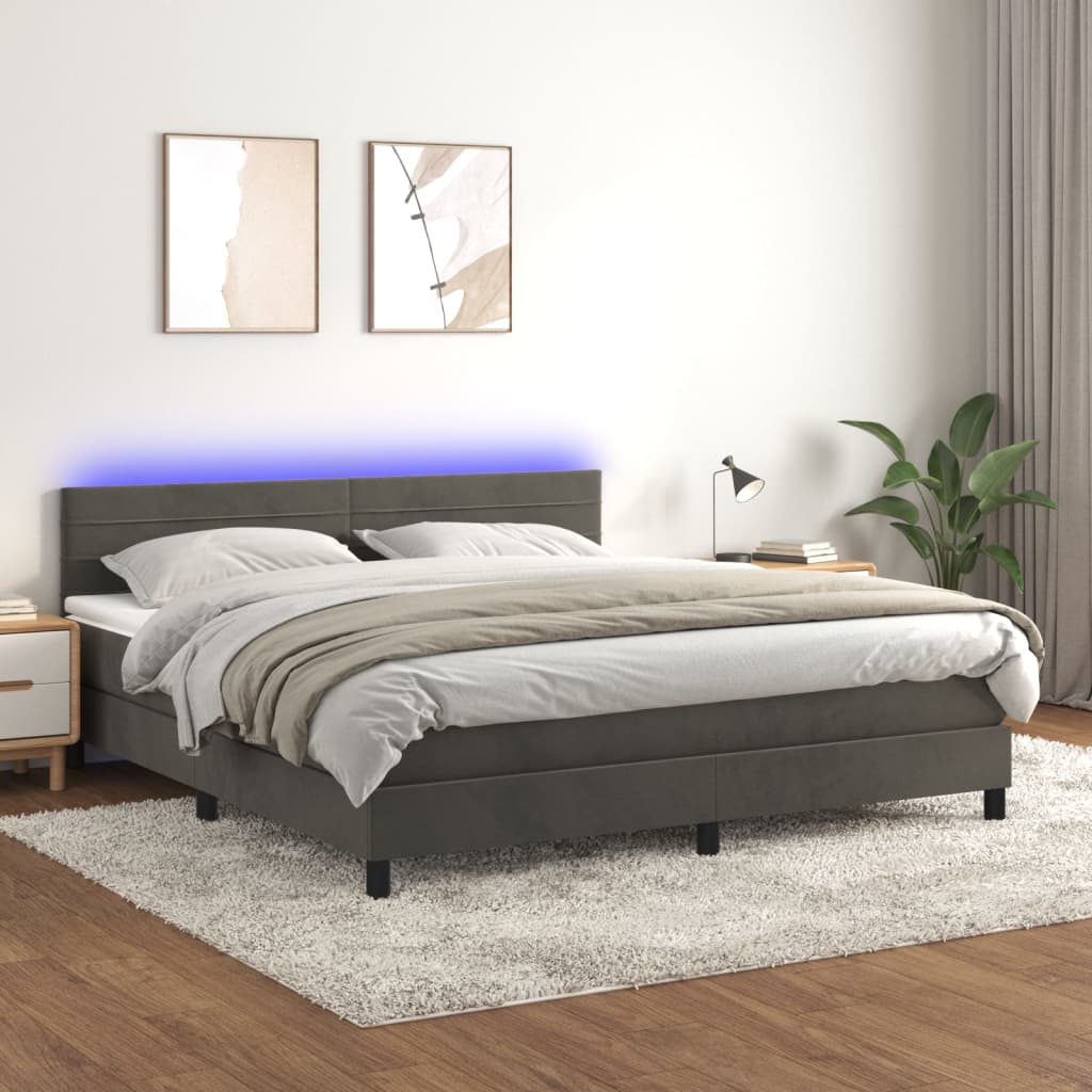 Box spring postel s matrací a LED tmavě šedá 180x200 cm samet