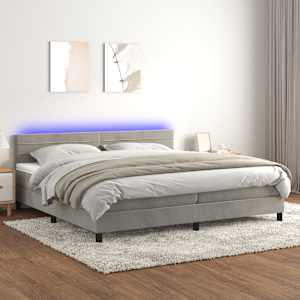 Box spring postel s matrací a LED světle šedá 200x200 cm samet - obrázek 1