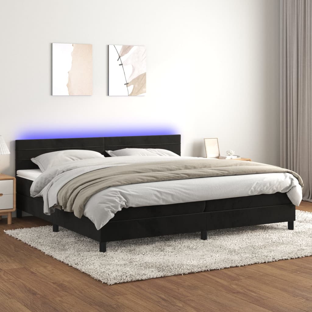 Box spring postel s matrací a LED černá 200x200 cm samet