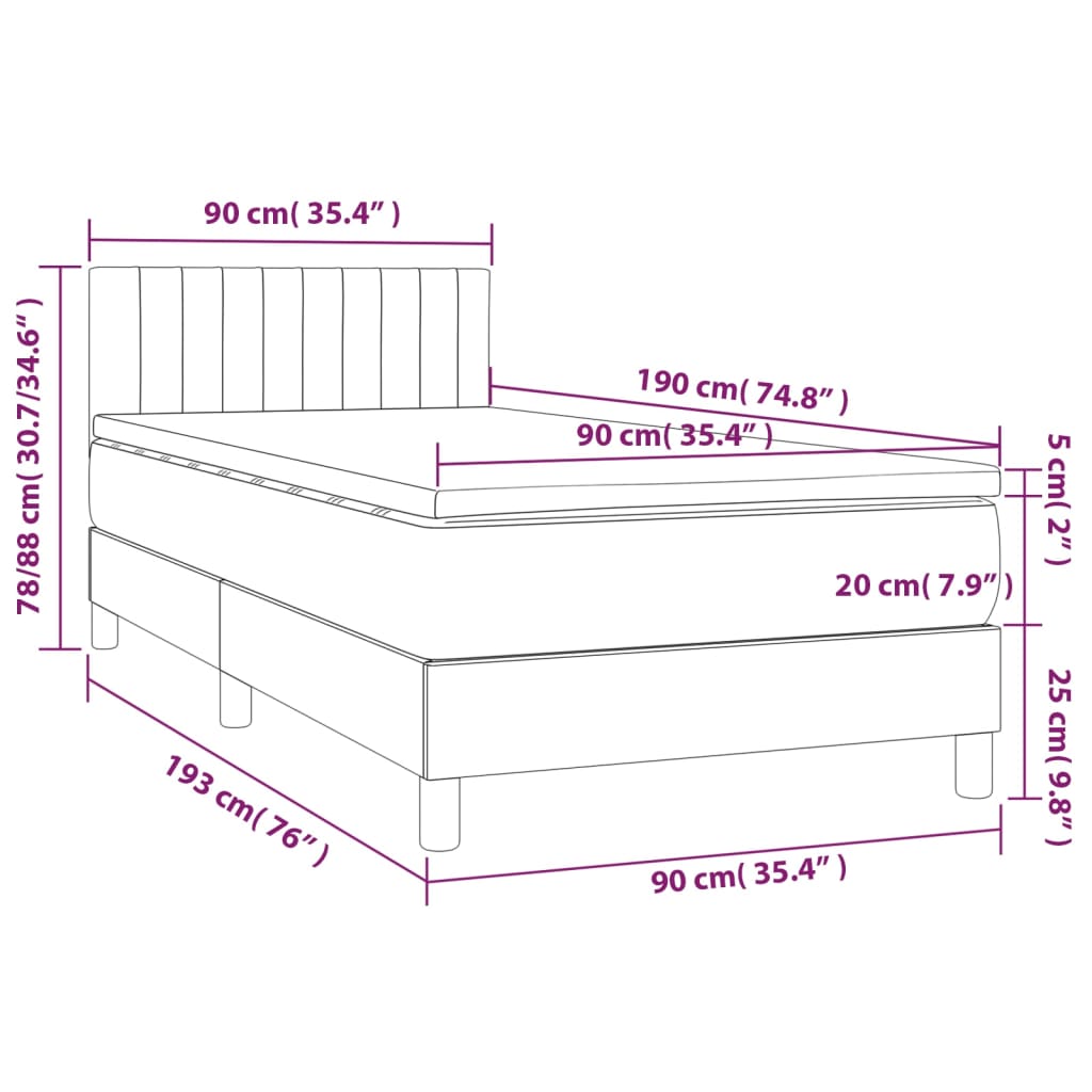 világosszürke bársony rugós és LED-es ágy matraccal 90x190 cm