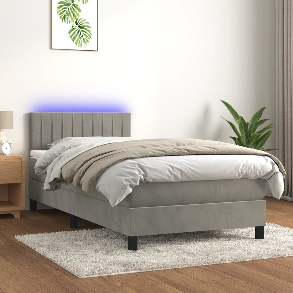 Box spring postelja z vzmetnico LED svetlo siva 90x190cm žamet