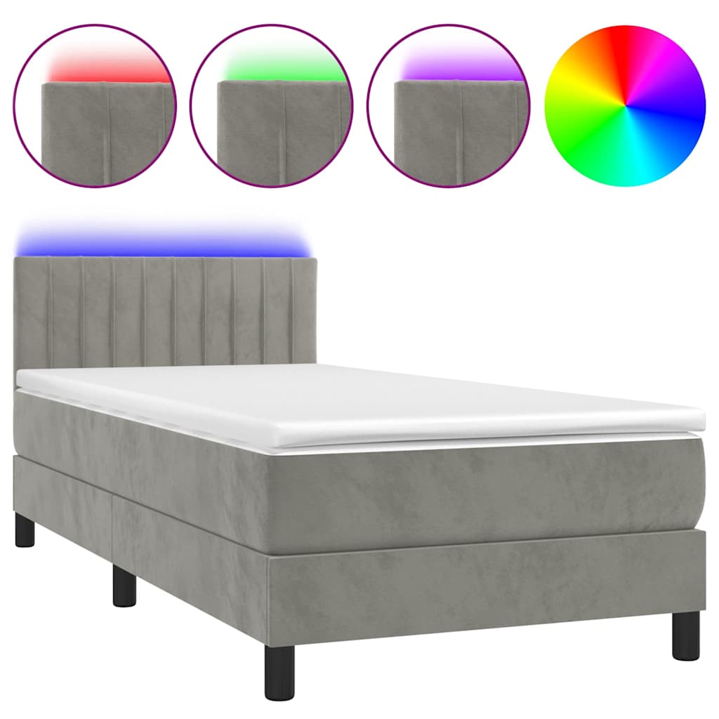 vidaXL Boxspring met matras en LED fluweel lichtgrijs 90x200 cm grijs, foto 3
