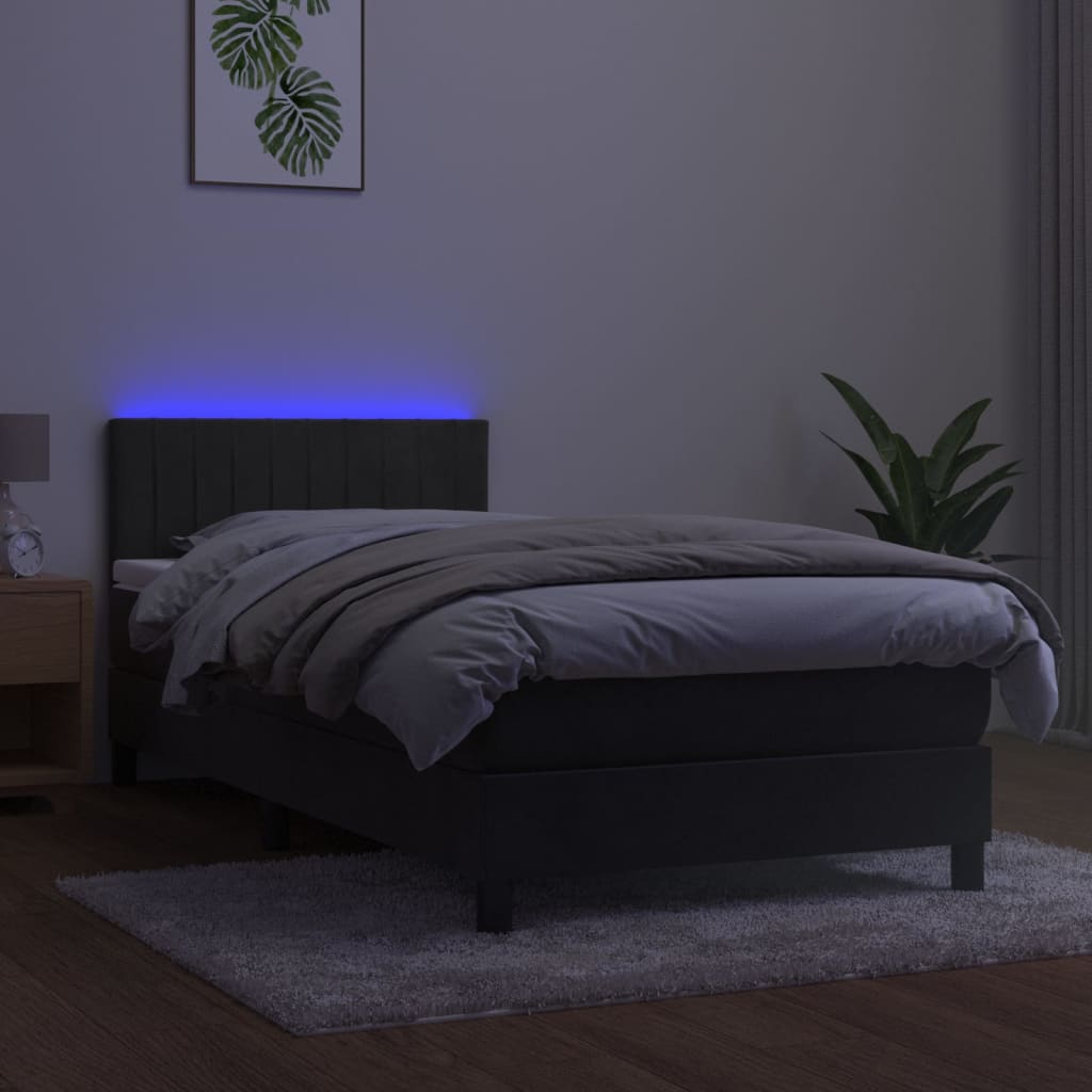 Sötétszürke bársony rugós és LED-es ágy matraccal 90x200 cm 