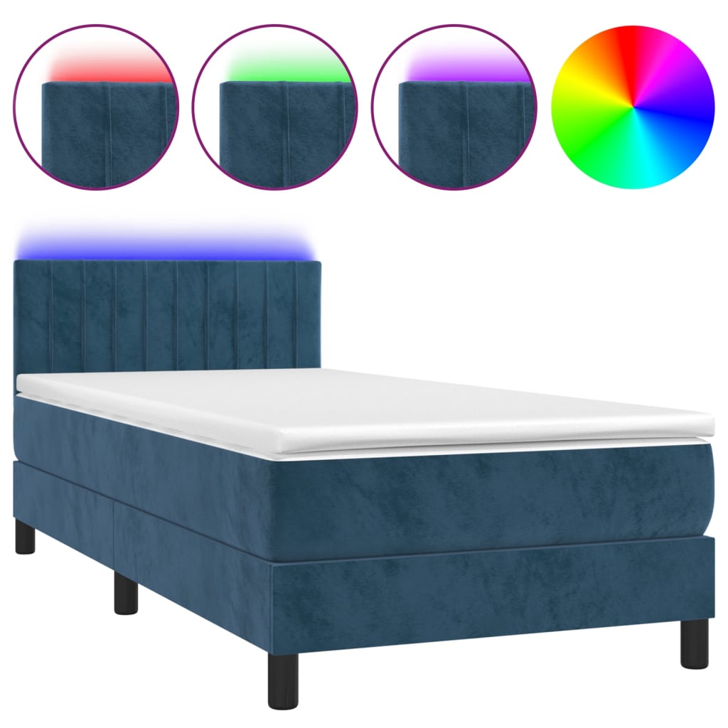 Sötétkék bársony rugós és LED-es ágy matraccal 90x200 cm 