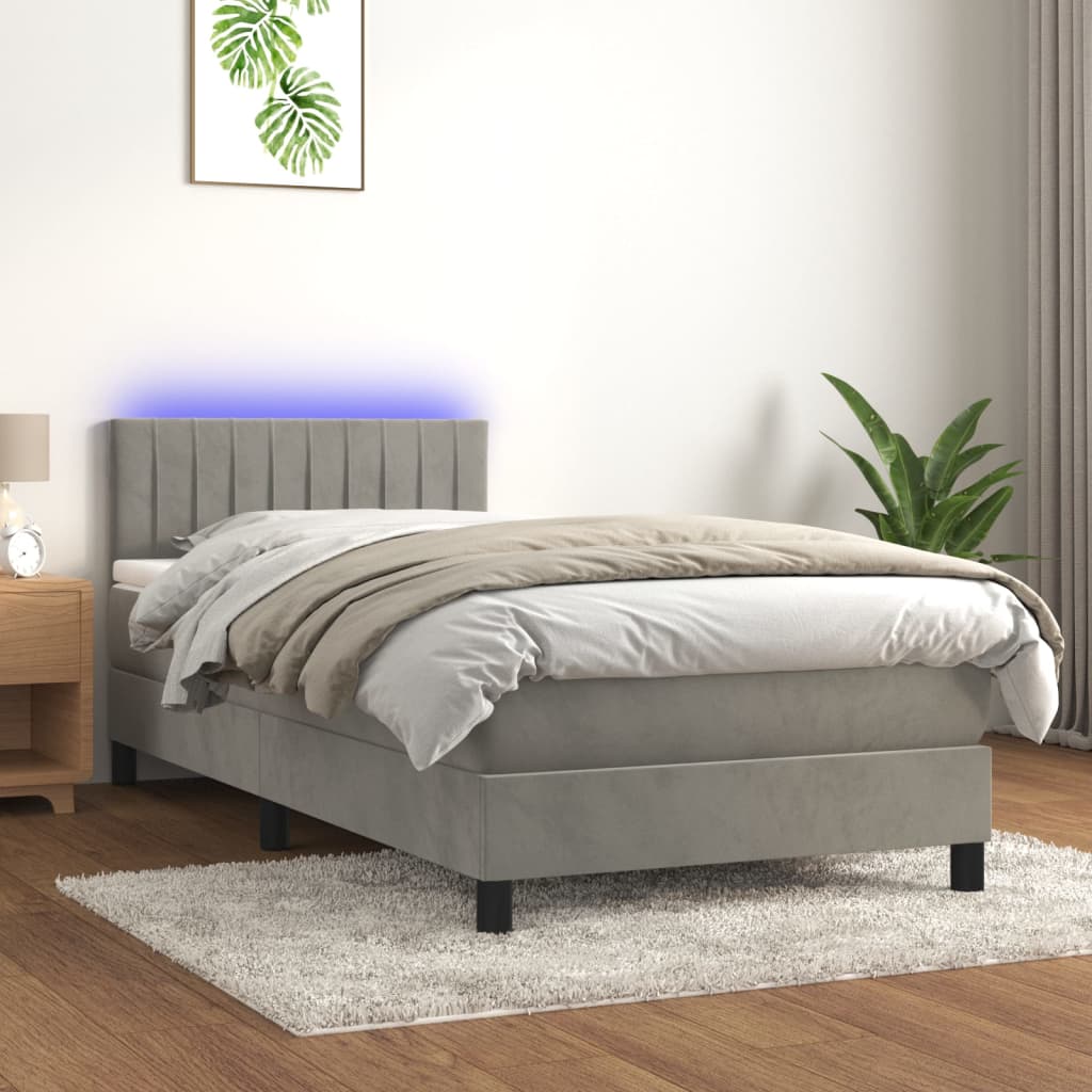 Világosszürke bársony rugós és LED-es ágy matraccal 100x200 cm 