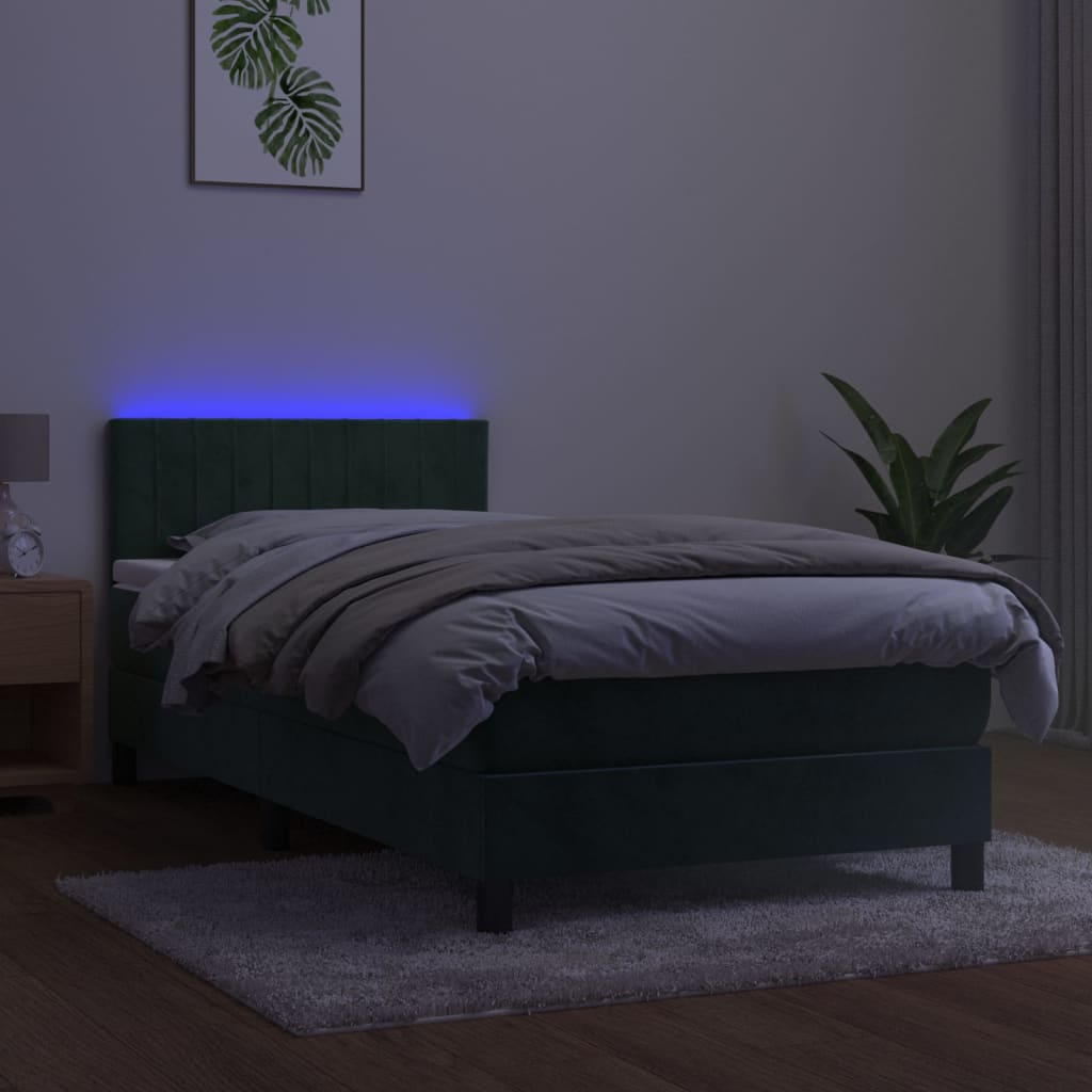 Sötétzöld bársony rugós és LED-es ágy matraccal 100x200 cm 