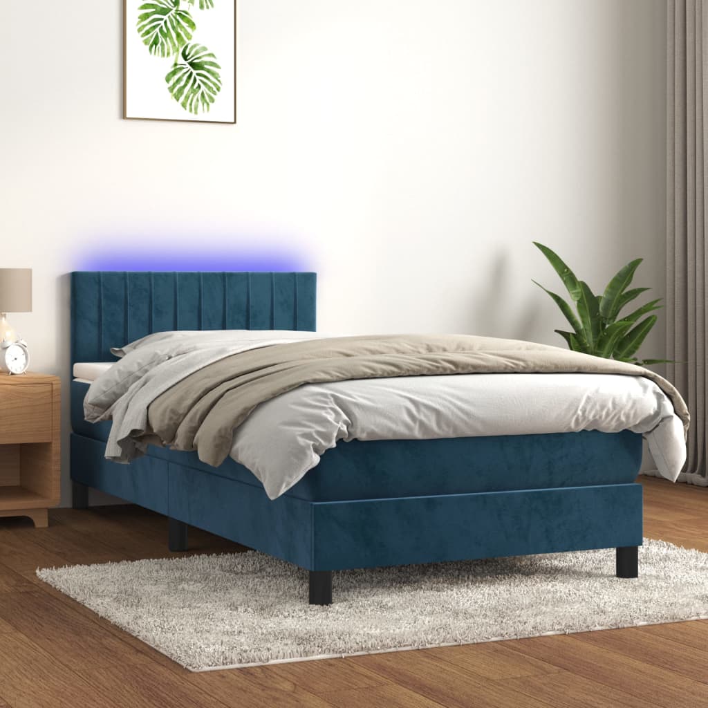 Sötétkék bársony rugós és LED-es ágy matraccal 100x200 cm 