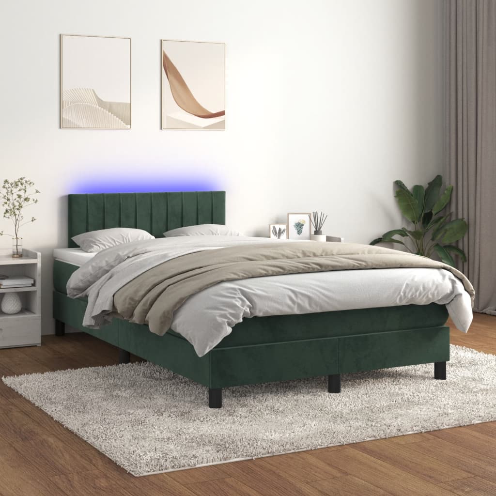 Sötétzöld bársony rugós és LED-es ágy matraccal 120x200 cm 