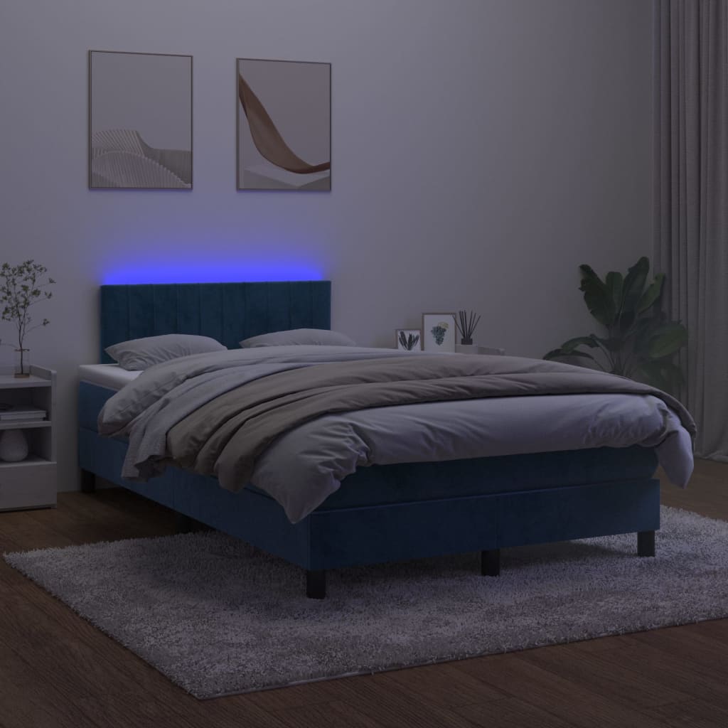 Sötétkék bársony rugós és LED-es ágy matraccal 120x200 cm 
