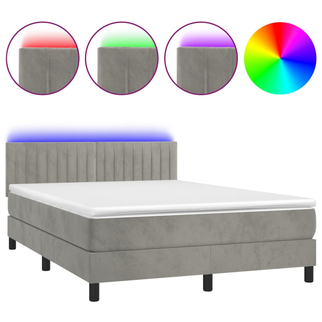világosszürke bársony rugós és LED-es ágy matraccal 140x190 cm