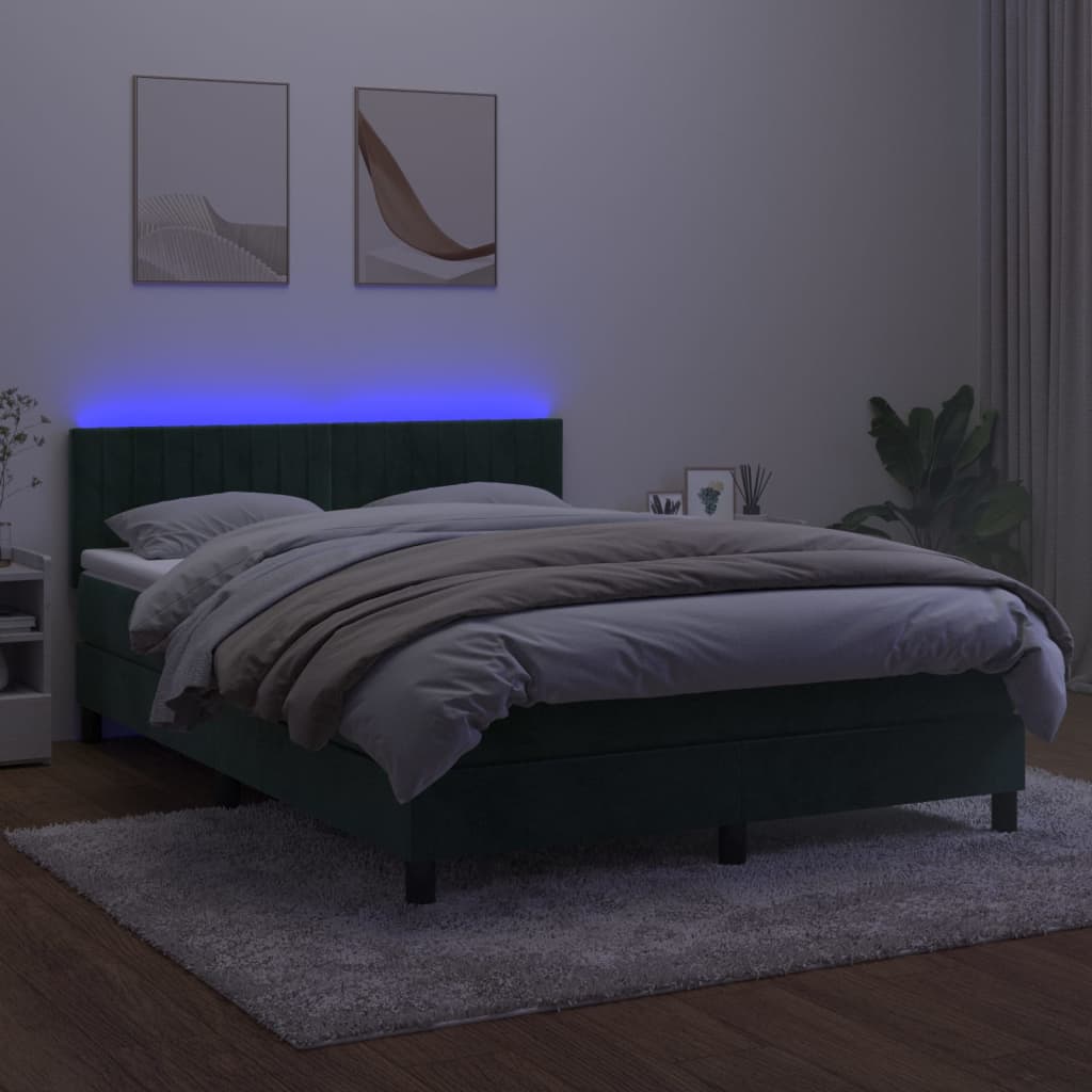 Box spring postel s matrací a LED tmavě zelená 140x190 cm samet