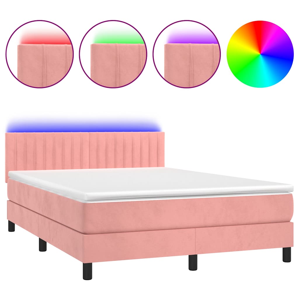 vidaXL Boxspring met matras en LED fluweel roze 140x190 cm, foto 3