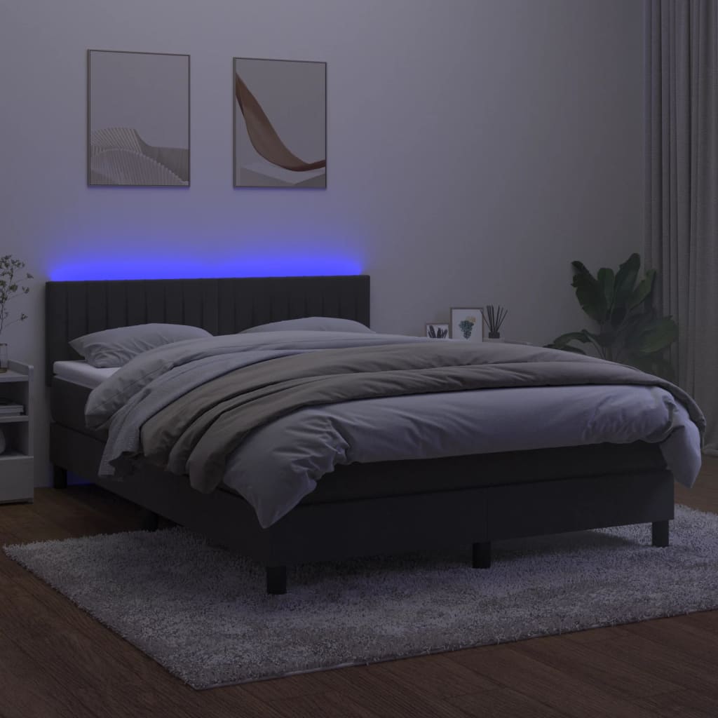 sötétszürke bársony rugós és LED-es ágy matraccal 140x200 cm
