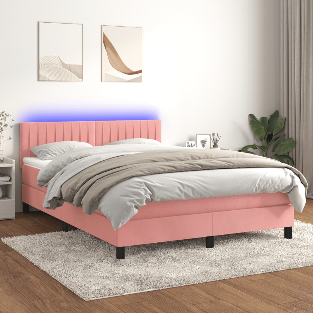 Box spring postel s matrací a LED růžová 140x200 cm samet