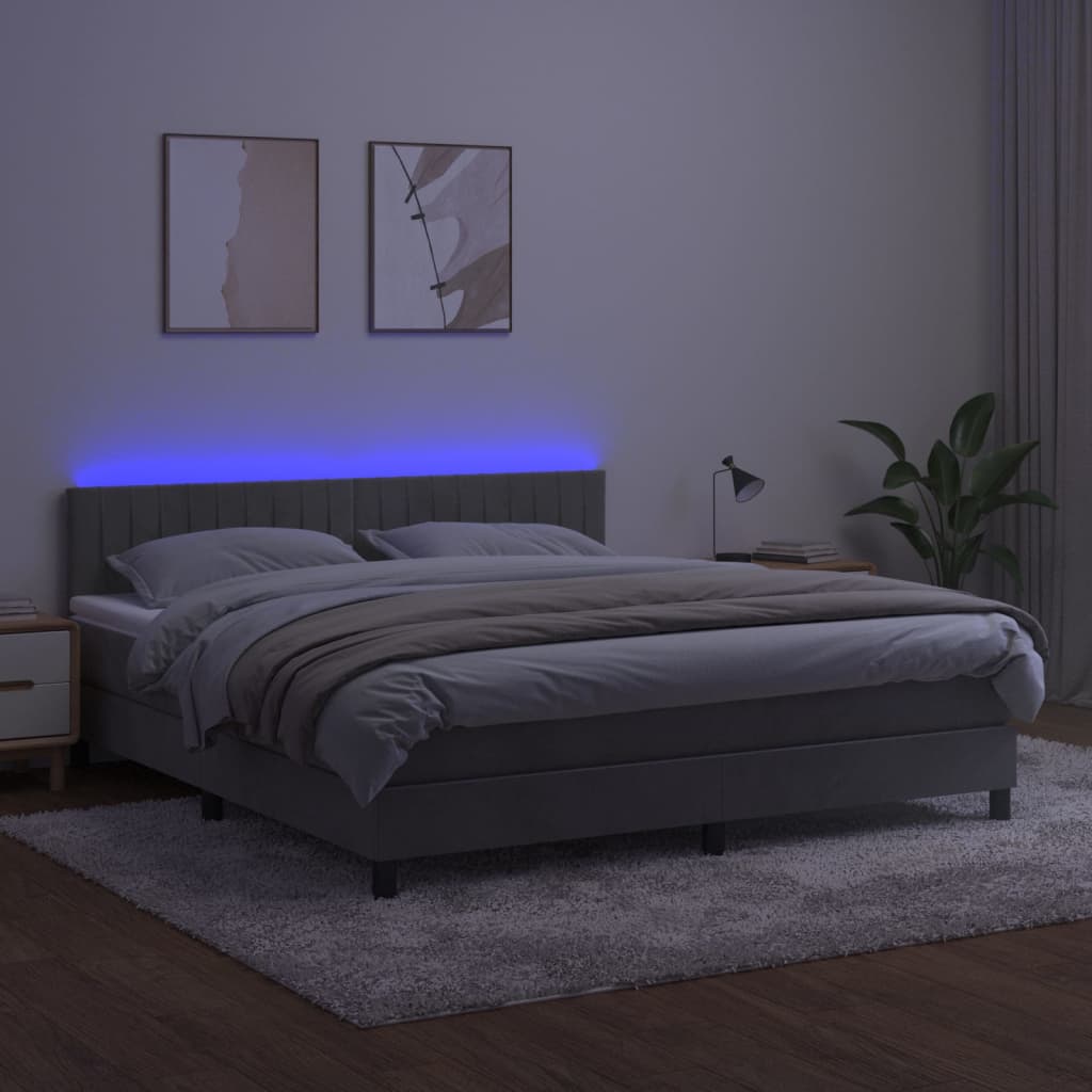 Világosszürke bársony rugós és LED-es ágy matraccal 160x200 cm 