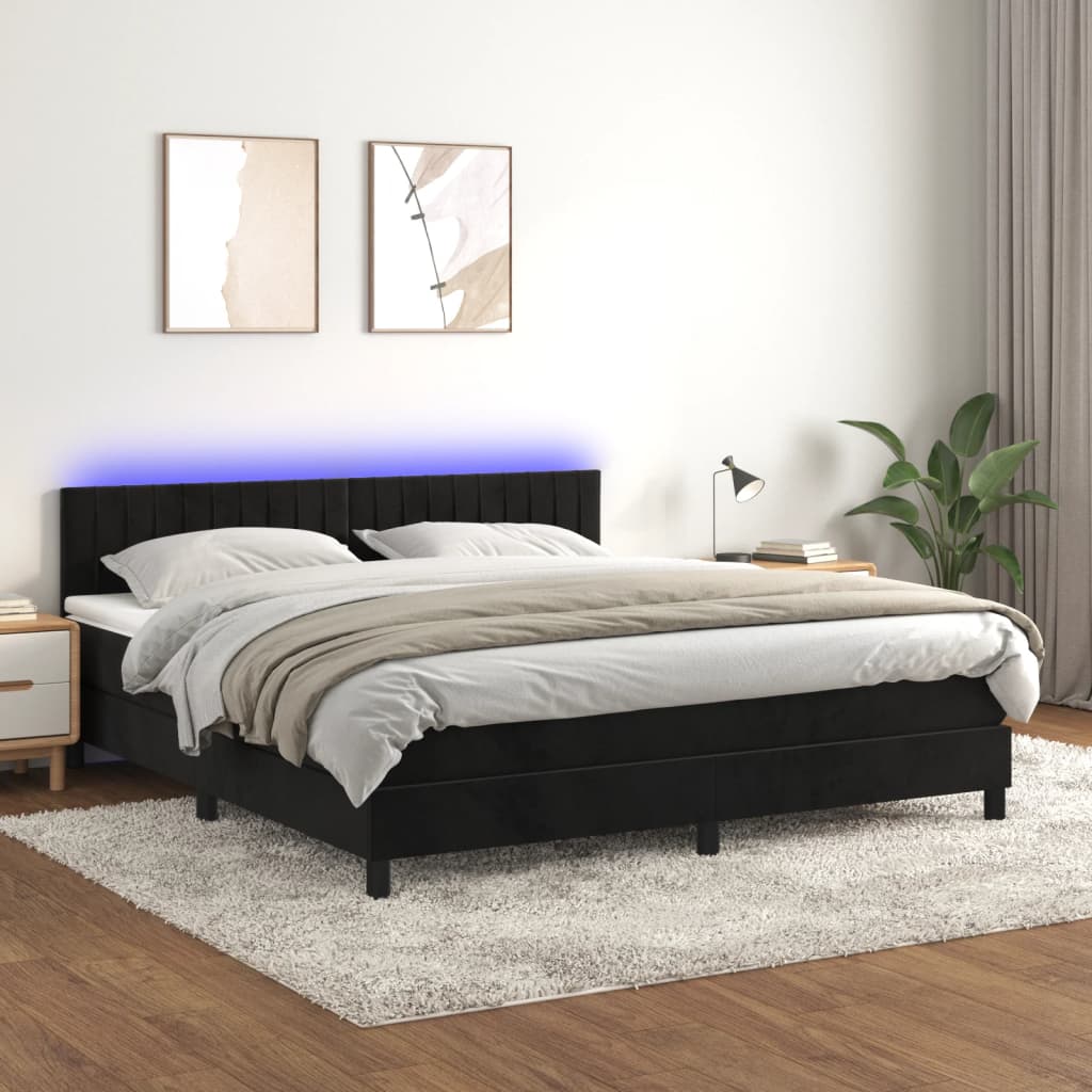 fekete bársony rugós és LED-es ágy matraccal 180x200 cm