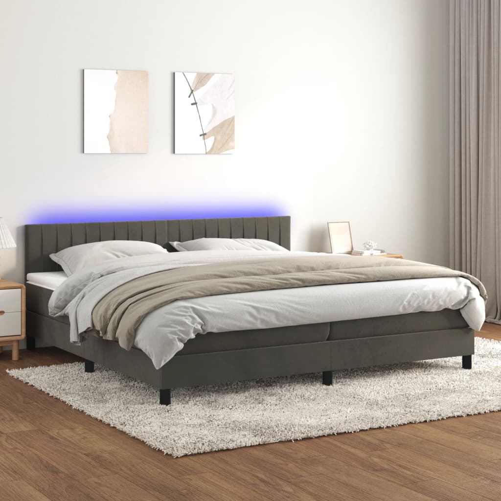 vidaXL Pat cu arcuri, saltea și LED, gri închis, 200×200 cm, catifea vidaXL imagine 2022
