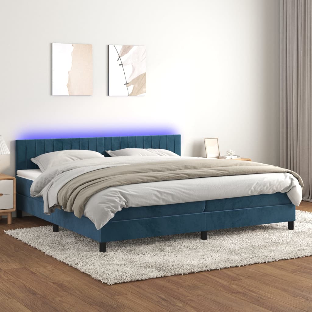 Sommier tapissier matelas et LED Bleu foncé 200x200 cm Velours