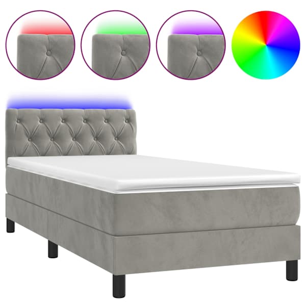 vidaXL kontinentaalvoodi madrats ja LED, helehall, 80x200 cm, samet